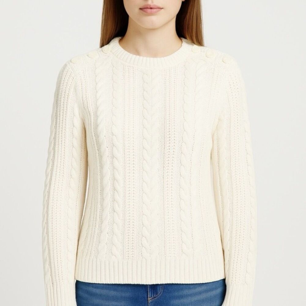 LL Bean Ivory Cable Knit Sweater Button Shoulder Fisherman Pullover Size Medium